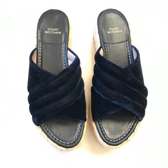 Stuart Weitzman Pufftopraffia Wedge Espadrille Sandals Womens 7 Navy Blue Velvet - Picture 4 of 11